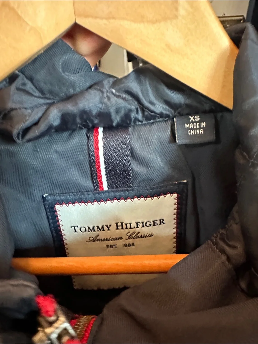 Tommy Hilfiger Navy Hooded Puffer Parka with Red Zip Accents